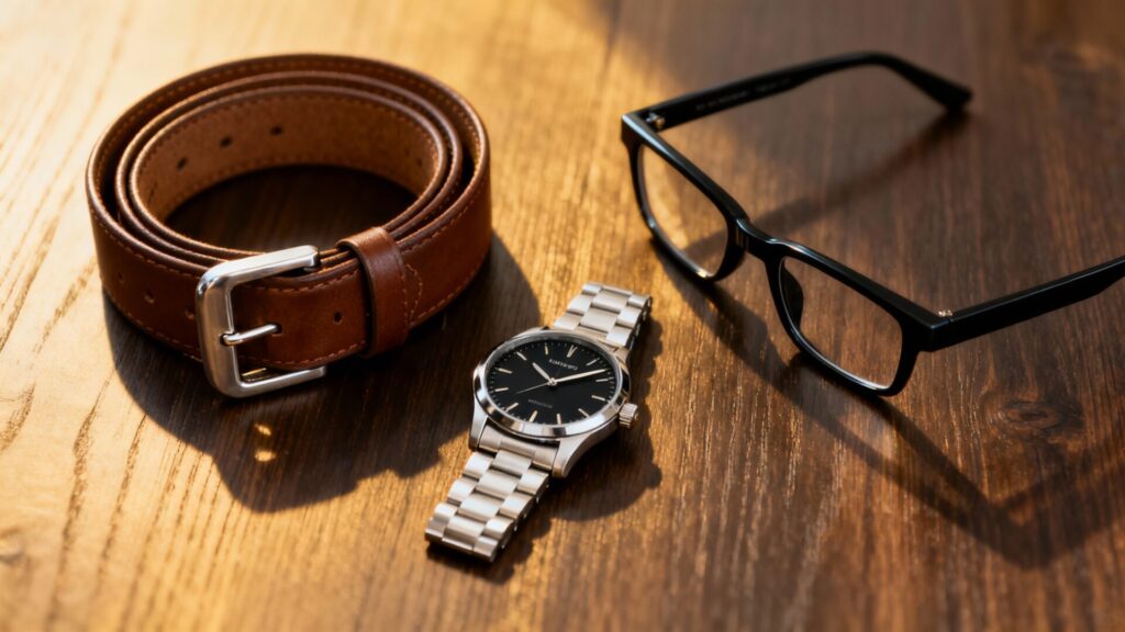 Accessoires qui finissent une tenue : ceinture, montre et lunettes sans aucun texte