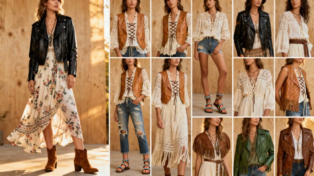 Le moto-boho côté looks : 12 combinaisons prêtes à porter pour mixer cuir et bohème sans aucun texte