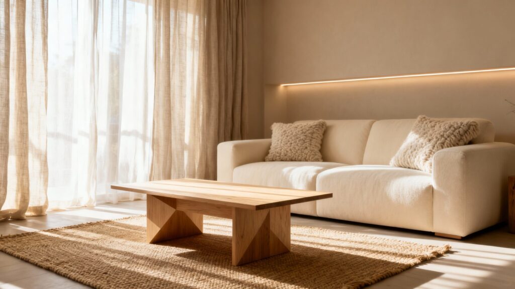 Minimalisme chaleureux : textile, bois et lumière pour un intérieur accueillant sans aucun texte