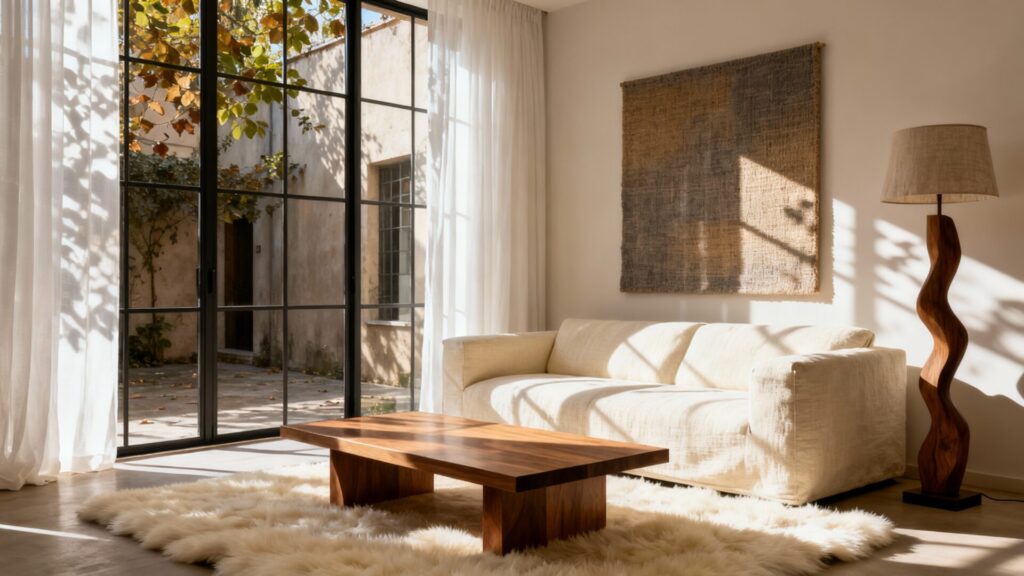 Minimalisme chaleureux : textile, bois et lumière pour un intérieur accueillant sans aucun texte