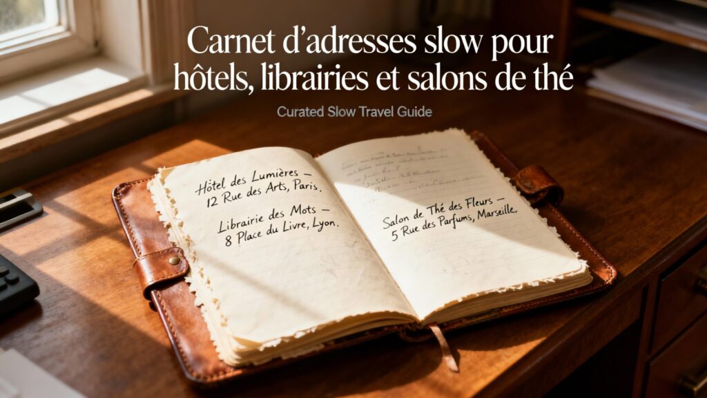 Carnet d'adresses slow pour hôtels, bibliothèques et salons de thé avec texte