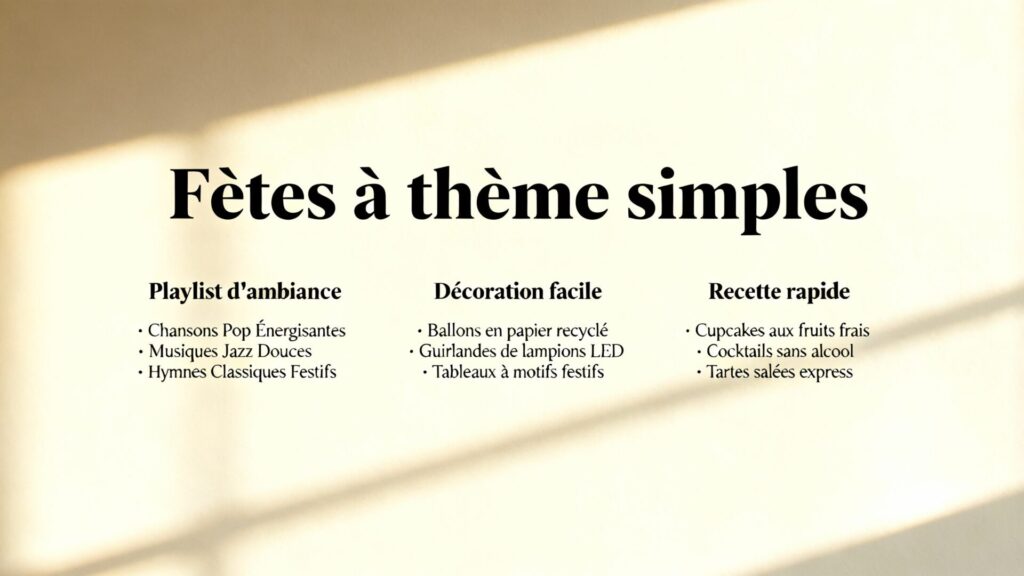 Fêtes à thème simples : playlists, déco et recettes en 1 page avec texte