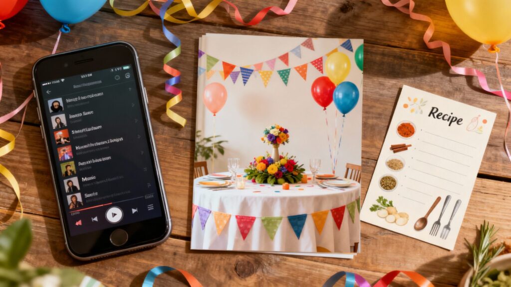 Fêtes à thème simples : playlists, déco et recettes en 1 page sans aucun texte