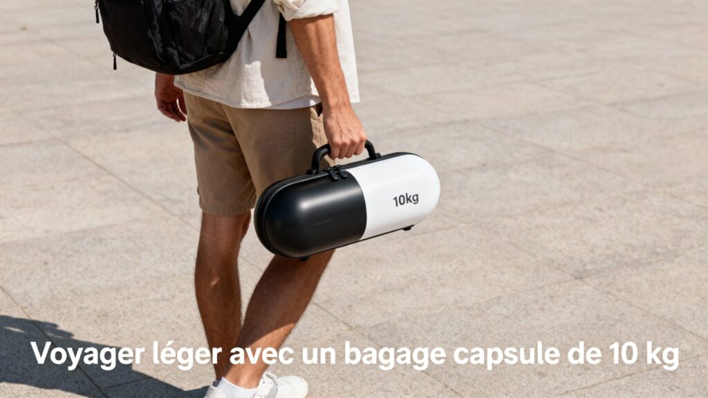 Voyager léger avec un bagage capsule de 10 kg avec texte