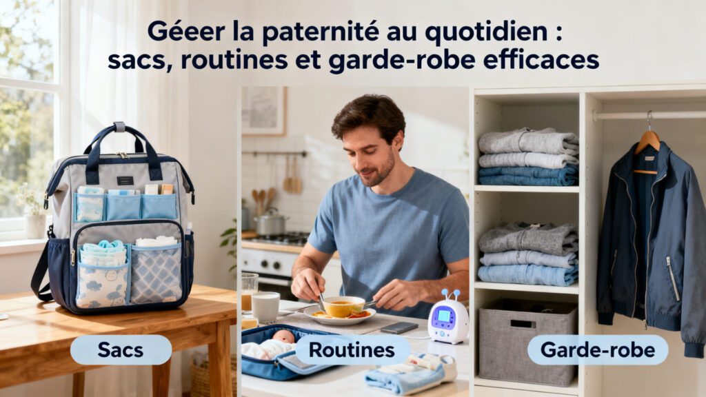 Gérer la paternité au quotidien : sacs, routines et garde-robe efficaces avec texte