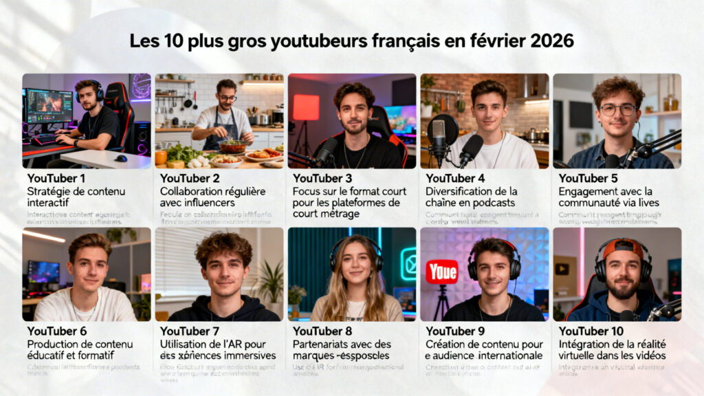 Les 10 plus gros youtubeurs français en février 2026 et leurs stratégies avec texte
