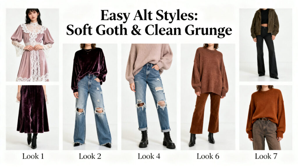 Styles alt faciles : goth soft et grunge propre en 7 tenues avec texte