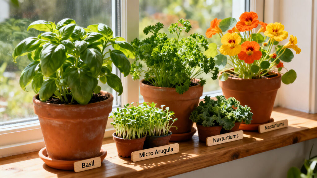 Créer un jardin de fenêtre d'aromates, micro-pousses et fleurs comestibles avec texte