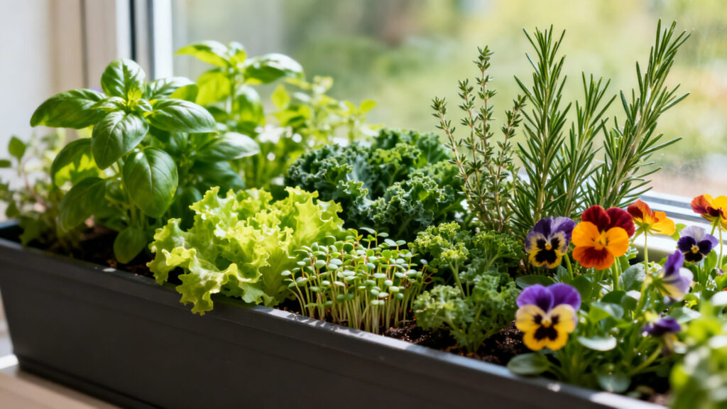 Créer un jardin de fenêtre d'aromates, micro-pousses et fleurs comestibles sans aucun texte