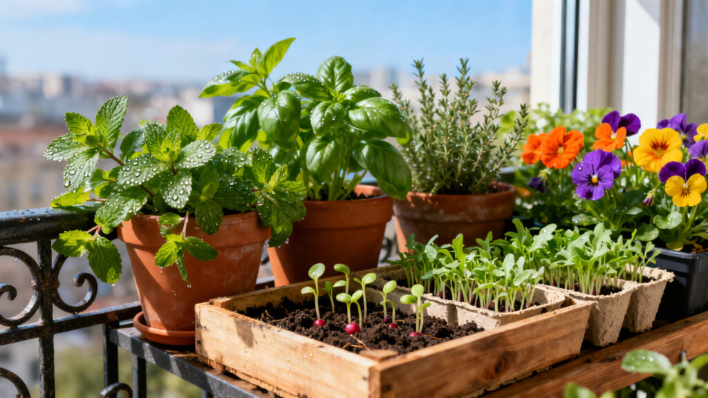 Créer un jardin de fenêtre d'aromates, micro-pousses et fleurs comestibles sans aucun texte