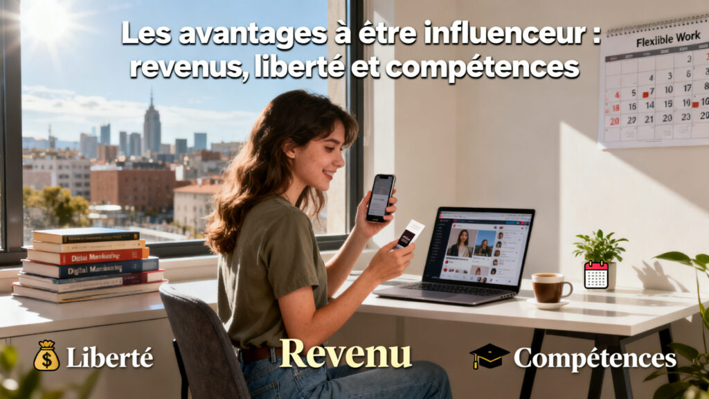 Les avantages à être influenceur : revenus, liberté et compétences avec texte