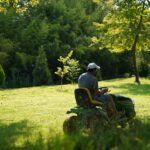 Un homme utilisant une tondeuse à gazon par une journée ensoleillée dans un jardin verdoyant, entouré d'arbres et de feuillages.