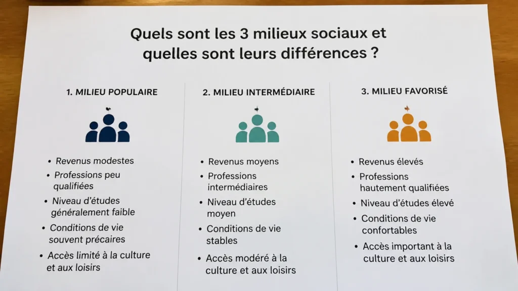 Quels sont les 3 milieux sociaux et quelles sont leurs différences ?